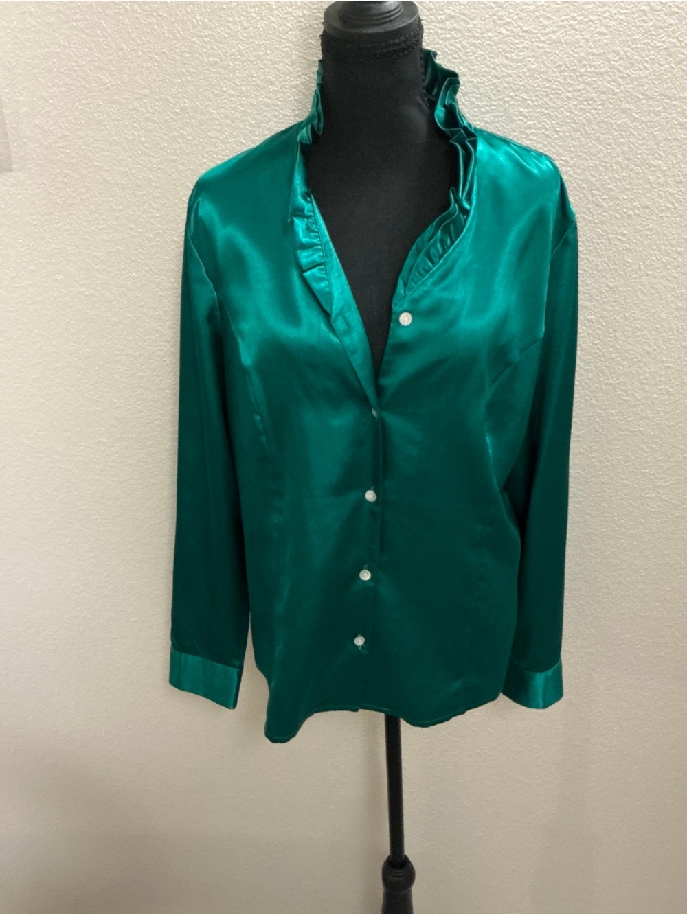 Investments Emerald Satin Ruffle Collar Button-Down Shirt - Picture 2 of 8